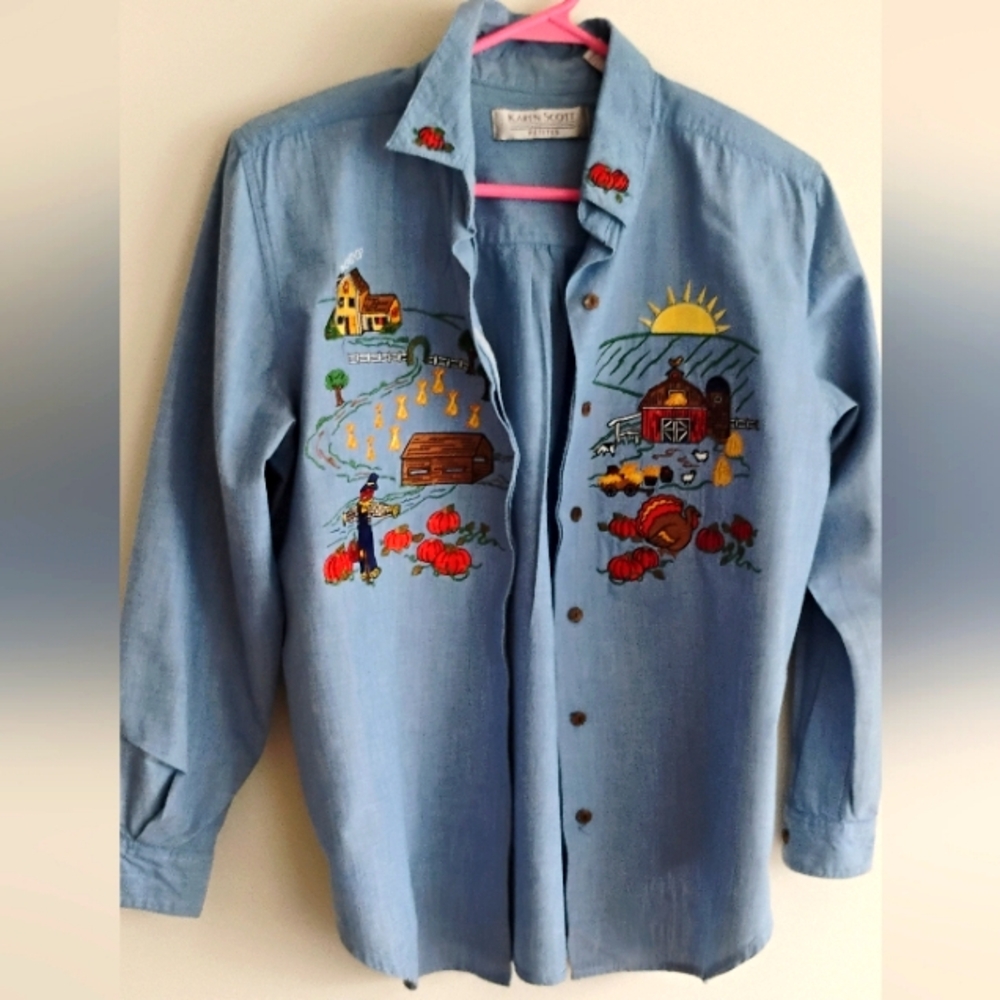 Vintage Karen Scott Thanksgiving Embroider Denim Shirt Turkey Pumpkin Halloween